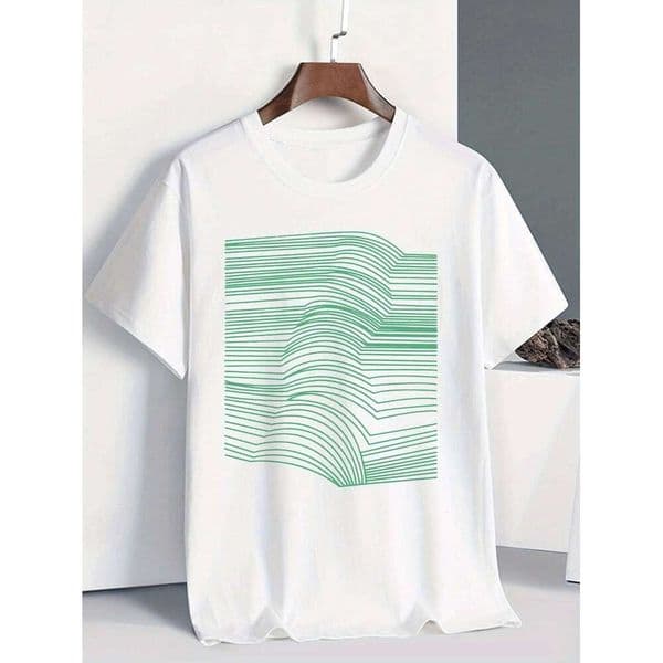 Men's Summer 100% Cotton Casual Loose Abstract Green Line Pattern Printed Comfortable Round Neck Short Sleeve T-shirt Top