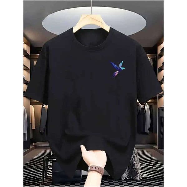100% pure cotton men's casual loose and fashionable geometric bird pattern printed comfortable short sleeved round neck T-shirt