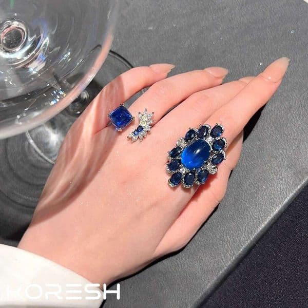Lilac Purple Sapphire Glass Sugar Tower Petal Open Ring, Deep Sea Blue Vintage Antique Style Ring