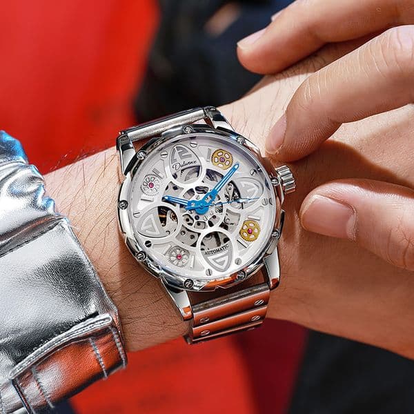 Men's Waterproof Hollow Mechanical Watch with Auto-Luminous Clover Design