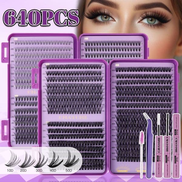 Fluffy Volume DIY Lash Clusters - 640Pcs DIY Individual Eyelashes Soft Lightweight Natural Look, Reusable DIY Lashes Kit with Lash Bond and Seal Easy to Apply