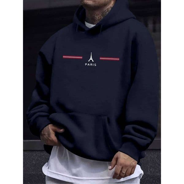 Men's Spring and Autumn Casual Warm Loose Fashion Paris Letter Pattern Printed Long Sleeve Round Neck Hoodie
