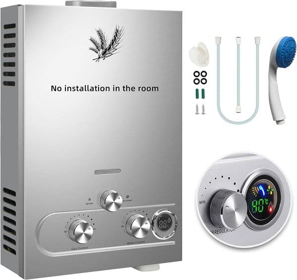 16L Propane Tankless Water Heater, 4.8GPM Camping Water Heater, Outdoor Portable with Digital Display and Overheat Protection for Camp Boat Cabins