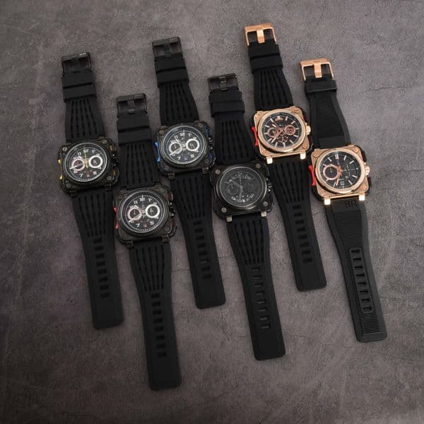 Men's Quartz Watch Silicone Strap, Large Square Dial, 5-Hand, Chronograph, Date Display, Multi-Function, Sporty Casual Style Men's Watch