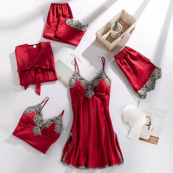 Women's satin lace ribbon breast pad sexy suspender gold flower five piece set pajamas thin home clothes