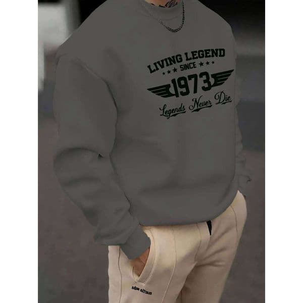 Men's autumn and winter casual loose fashion classic retro 1973 letter pattern printed long sleeved round neck sweatshirt