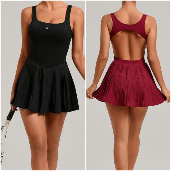 a3928 Women Yoga Outfit Tennis One Piece Dresses Cheerleaders Golf Running Gym Bouffant Dress Sleeveless Pants Lined Pocket With Pad