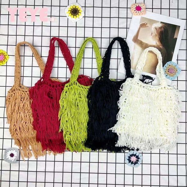 Fashion Designer Bags Cross-border European and American Handmade Solid Color Tassel Ethnic Style Women's Woven Shoulder Bag Trendy Casual Handbag