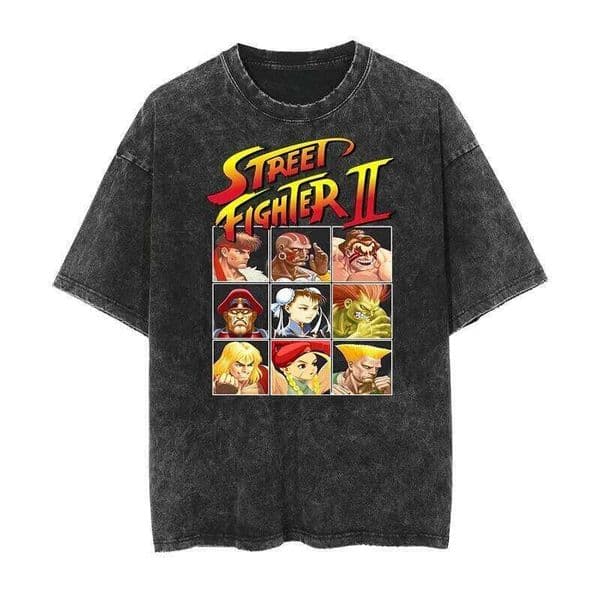 Vintage Washed T-Shirt Street Fighter Classic Game Printed Harajuku Hip Hop Oversized Short Sleeved Men Women Tees Tops Summer