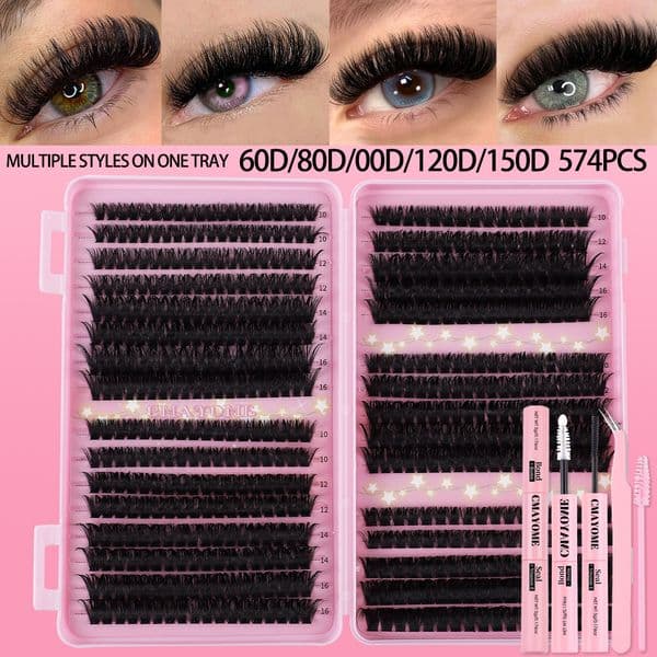 Cluster Eyelash Extensions Kit - DIY Lash Clusters Wispy Fluffy D Curled, 10-16mm Mixed Length False Eyelashes Home Salon Use Volume Individual Lashes