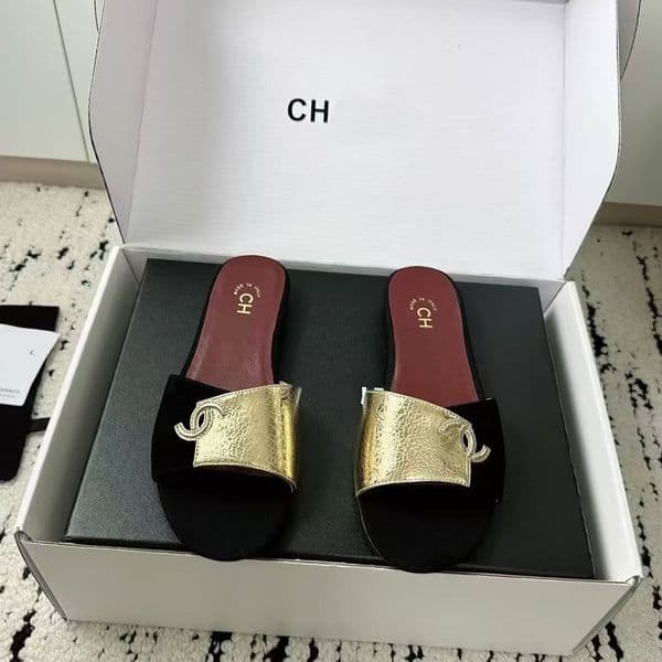 Designer sandals Flat Slides Women Gold Metallic Patchwork Slippers Luxury Designer Open Toe Sandals Summer Beach Casual Shoes
