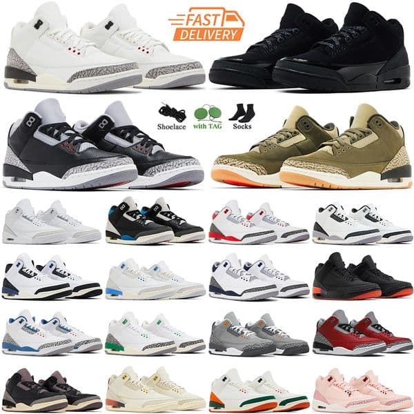 with box Basketball Shoes Men Women 3s Black Cat Cement 3 White Cement Reimagined Fire Red UNC Trainers Sneakers