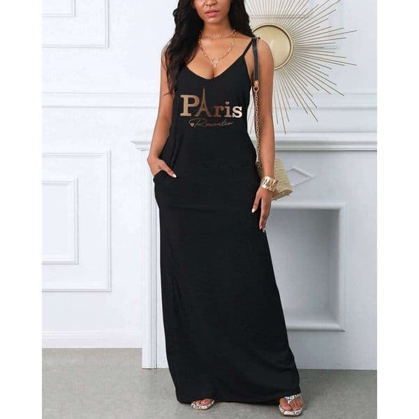 Women's spring and summer Paris Eiffel Tower printed suspender sexy V-neck pocket slim fit dress casual nightclub