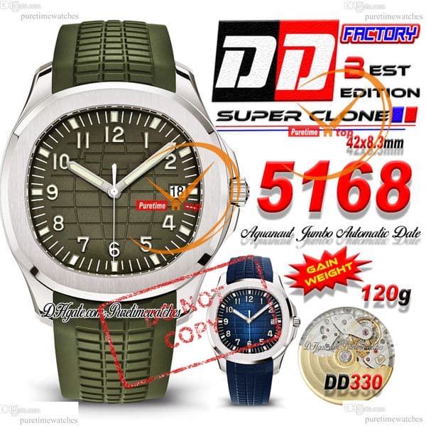 5168 DD330 Automatic Mens Watch Jumbo DDF 42mm Steel Case Green Dial Rubber Strap CHS Puretimewatches Reloj Hombre (New clasp) Thickness 8.3mm Weight 120g