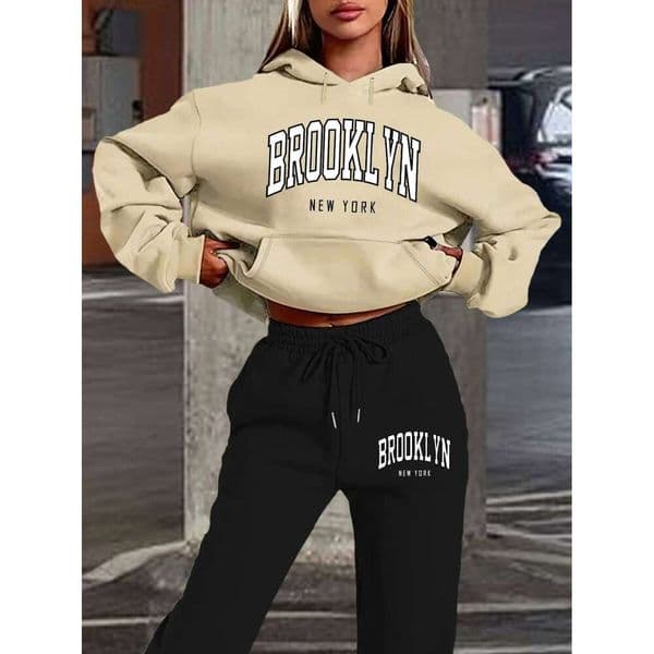 Women's autumn and winter fashion casual Brooklyn New York letter print with thick fleece warm hoodie+sweatpants set
