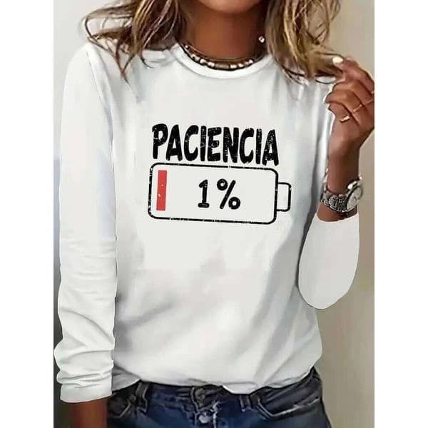 Vibrant Spanish 1% Battery Long Sleeve Funny T Shirt Women's Print T-Shirt Crew Neck Top Tee Tshirt Casual