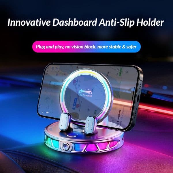 Wireless charging 15W + RGB moving light 360 degree adhesive mounted navigation specific electric anti slip car dashboard phone holder