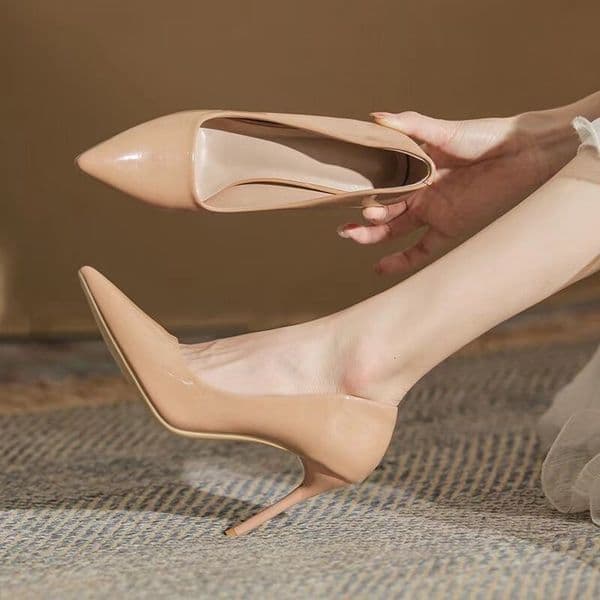 Ddmysports Nude High Heels For Women Spring And Autumn New Niche Design Sense Elegant Shiny Black Stiletto Pointed Toe Single Shoes Outdoor Shoes