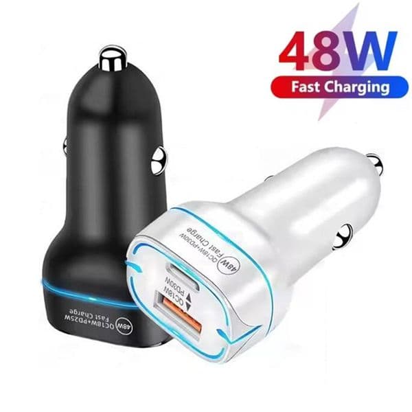 48W QC3.0 USB C Car Charger With Light 2 Ports Type C USB A PD Quick Charge CellPhone Fast Charging Travel Power Adapter For iphone 17 16 15 Samsung S26 S25 Huawei Xiaomi