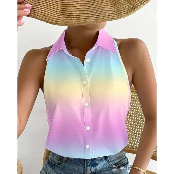 Women Button Blouses Shirt Chain Print Female Tops Summer Blusas Lady Sexy Sleeveless Off Shoulder Shirts Mujer Streetwear 2023