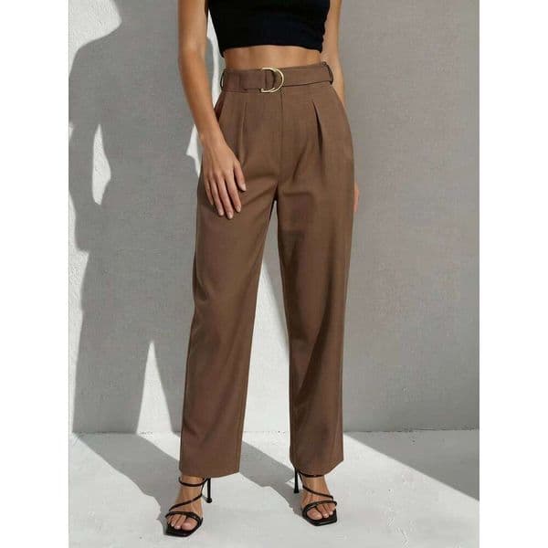 Women's Brown High Waist Suit D-buckle Decor Ankle Length Straight Leg Pants Office Elegant Casual Spring Summer Trousers