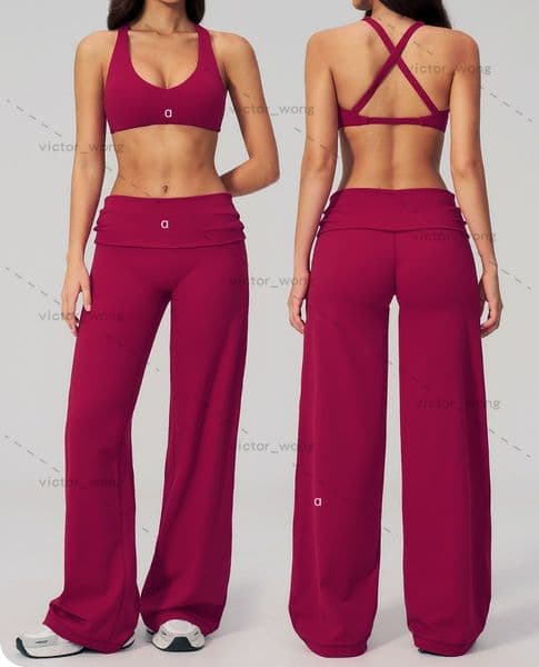A5558 Designer Women's Two Piece Yoga Set - Cross-Back Gym Bra Fold-Over Waist Wide Leg Pants