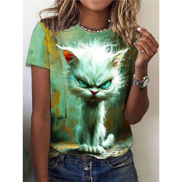 Green Distressed Women's Tee - Angry White Cat with Glowing Eyes Graphic, Edgy Fantasy Print Design for Casual Daily Wear