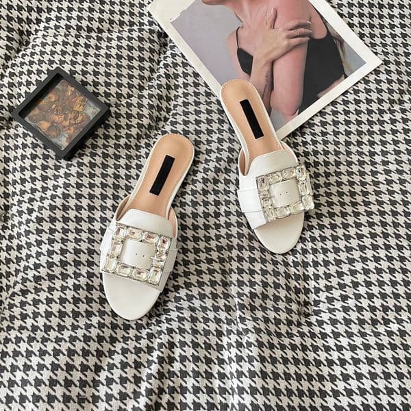 Designer sandals women 2026 Square Rhinestone Buckle Flat Slide Sandals Luxury Open Toe Leather Slippers Casual Outdoor Slip On Mules
