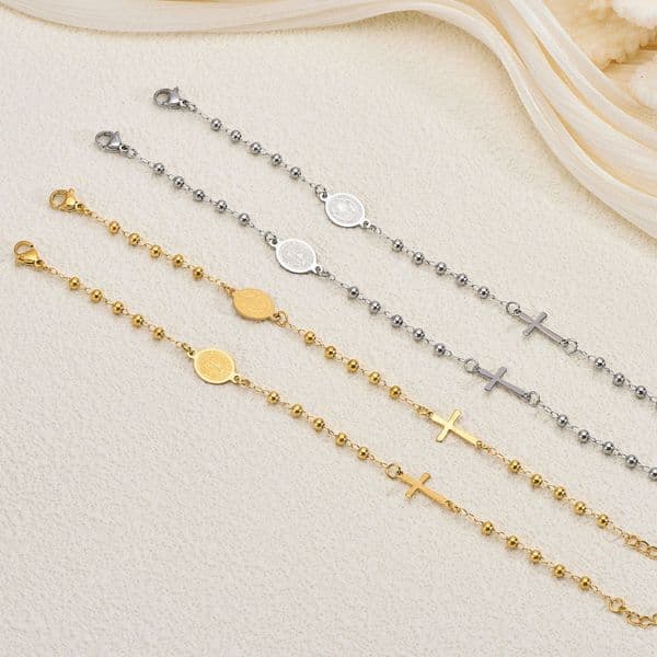 hit product European and American Hot-Selling Religious Totem Titanium gold Virgin Mary Cross Stainless Steel Buddha Bead Bracelet for Women