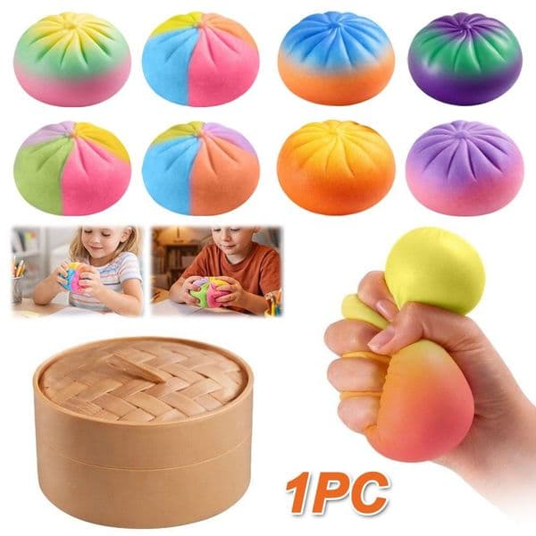 8.5CM Rainbow Color Dumplings Squishy Soft Slow Resilience Squishy with Steamer Fidget Stress Relief Sensory Ball BY SEA