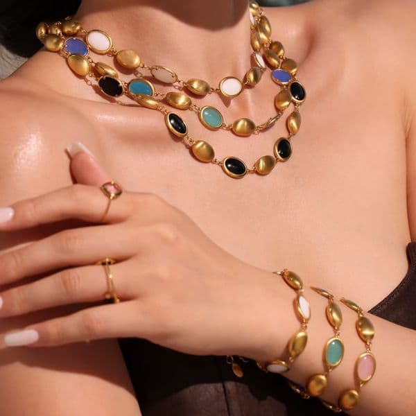 New Charming Women Necklace Set Stainless Steel 18K Yellow Gold Plated Czecha Opal Chain Necklace Earrings Bracelet For Friends Nice Gift
