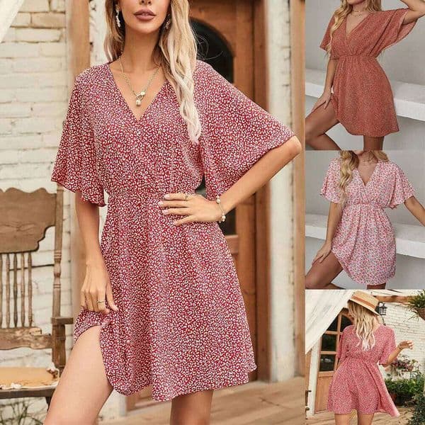 2024 Europe the United States spring and summer new women's print V-neck short-sleeved casual loose dress women