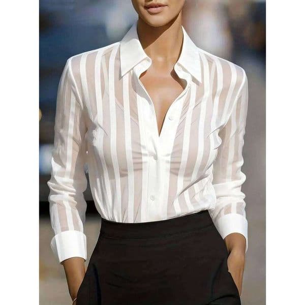 Sheer Striped Button Down Collared Shirt Long Sleeve Office Blouse for Women Business Casual