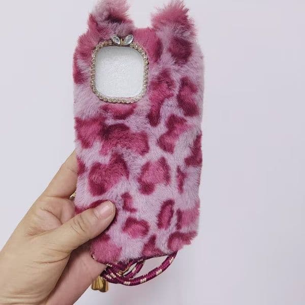 Leopard Print Plush Cat Ear Phone Case with Crossbody Lanyard, Anti-drop Cover for iPhone 11-17 Pro Max