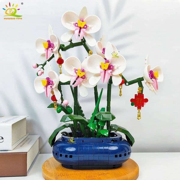 HUIQIBAO 587PCS MOC Orchid Flower Potted Series Building Blocks Bouquet Model Bricks Set Toy For Children Desk Home Decoration