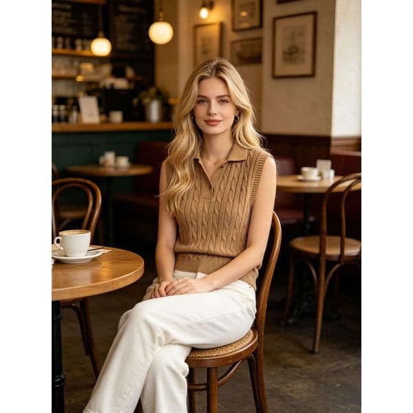 Designer Polo Neck Twisted Retro Women's Open Sleeveless Knitted Tank Top, Summer Academy Style Top