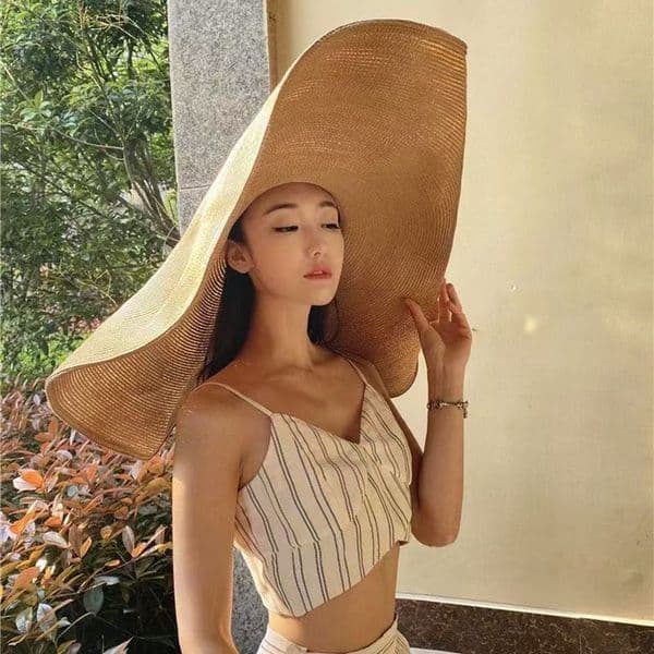 Send Windproof Rope Summer Sunscreen Hat Oversized Along Vacation Sunscreen Hat Beach Photography Internet Celebrity Sun Foldable