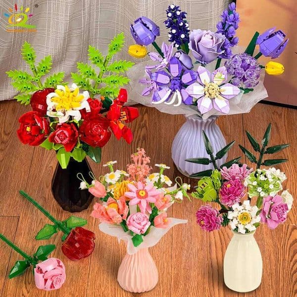 HUIQIBAO MOC Flower Model Building Block Set DIY Eternal Bouquet Bricks Kit Toy For Children Girl Home Desk Decoration Xmas Gift