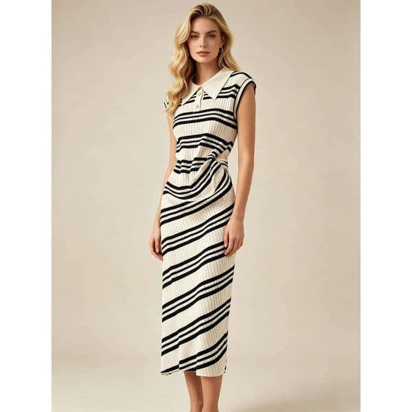 Korean fashion summer clothing niche retro polo neck short sleeved designer striped waistband elegant slit long skirt