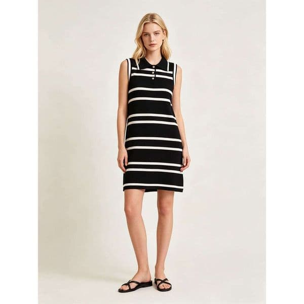 2026 designer high-end women's simple lapel sleeveless striped knitted petite height increasing dress