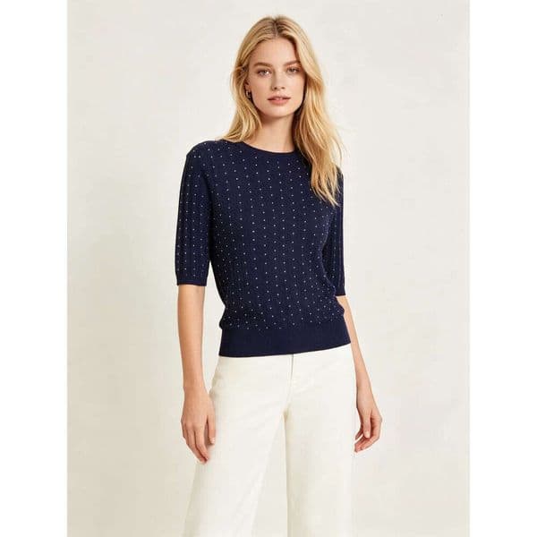 2026 Spring New Designer Women's French Elegant Fashion Deep Blue Round Neck Short Sleeve Knitted Top