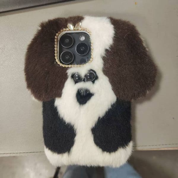 Adorable Puppy Shaped Fluffy Phone Case, 3D Cartoon Protective Shell for All iPhone Models