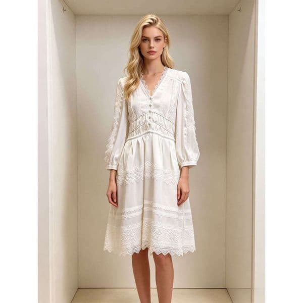 New designer elegant women's lazy style lace long sleeved V-neck waist drawstring design dress