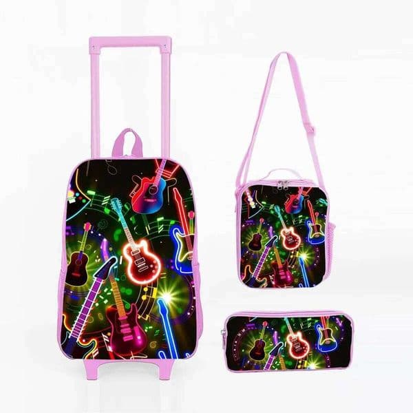 Guitar Print Children's Wheeled Rolling Set Lunch Box Pen with Wheels School Trolley Backpack Bag for Girl/Boys