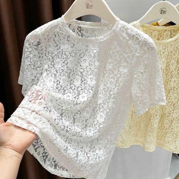 Women's T-Shirt Women Scalloped Edge Lace Short Sleeve Blouse Crew Neck Stretchy Slim Top Office Daily Working Attire