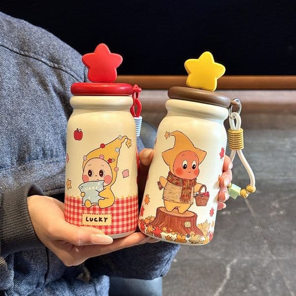 500ml Cartoon Ceramic Lined Insulated Water Bottle with Star Lid and Lanyard