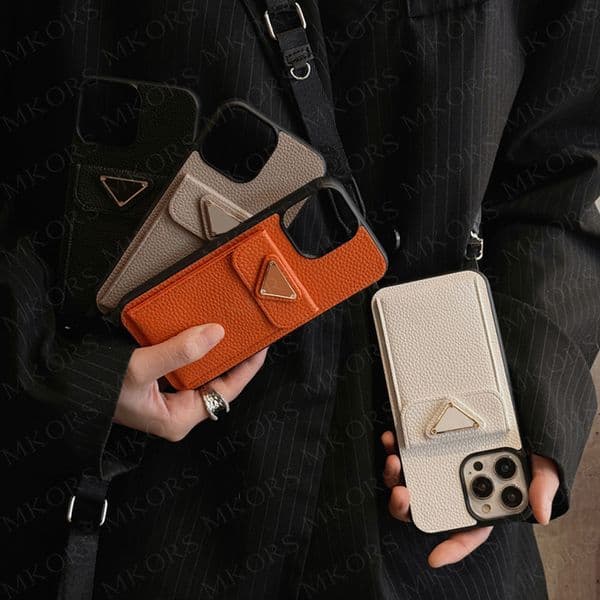Brand Tri-angle Designer Phone Case for iPhone 17 Air 16 15 14 Plus 13 12 11 Pro Max Classic Leather Card Pocket Shoulder Neck Anti-drop Portable Cover 16pro 15pro Shell