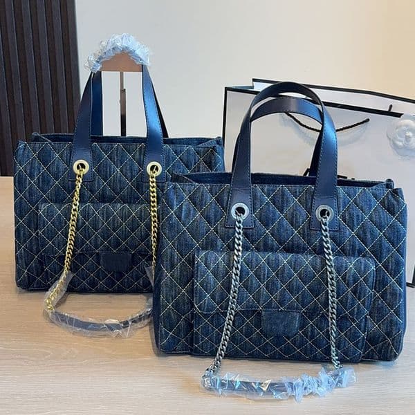 Women Designer Jumbo Blue Denim Tote Shoulder Bag with Leather Handle 35cm Embroidery Thread Gold Silver Metal Chain Large Capacity Underare Handbag Square Purse