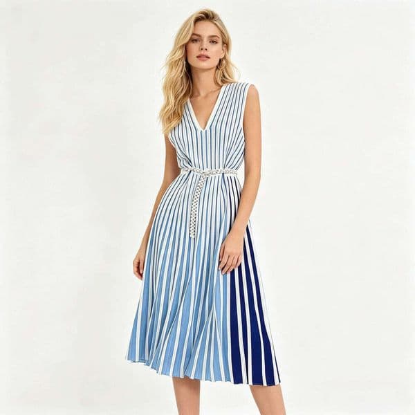 European and American style high-end sleeveless knitted striped women's summer dress with collar and belt, elegant and exquisite long skirt