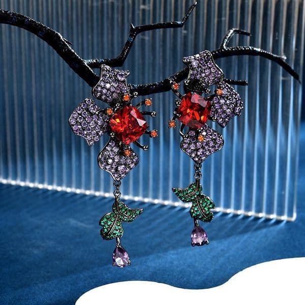 Vintage High-End Symmetrical Flower New Colorful Diamond Zircon Autumn/Winter Versatile Elegant Floral Drop Earrings